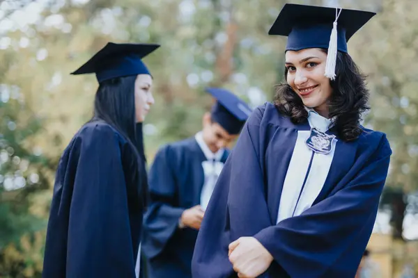 Happy University Female Student Gown Cap Graduating College She Posing — Stock Photo, Image