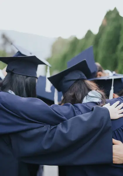 University Students Graduation Gowns Caps Celebrate Achievement Success Park Stand — Stock Photo, Image