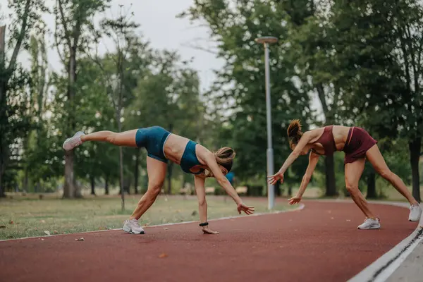 Irmãs Atraentes Exibindo Flexibilidade Força Com Treinamento Noturno Impressionante — Fotografia de Stock