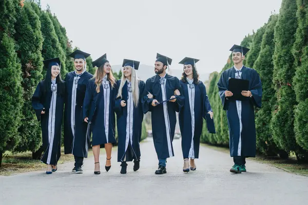 Students Graduation Gowns Caps Walking Park Celebrating Successful Achievements Faculty — Stock Photo, Image