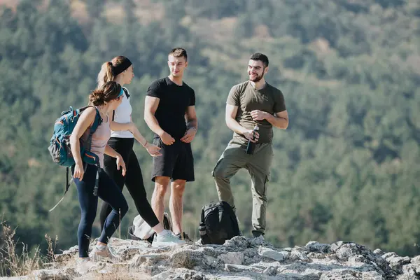 Athletic Friends Hike Lush Forest Enjoy Fresh Air Nature Each — Stock Photo, Image