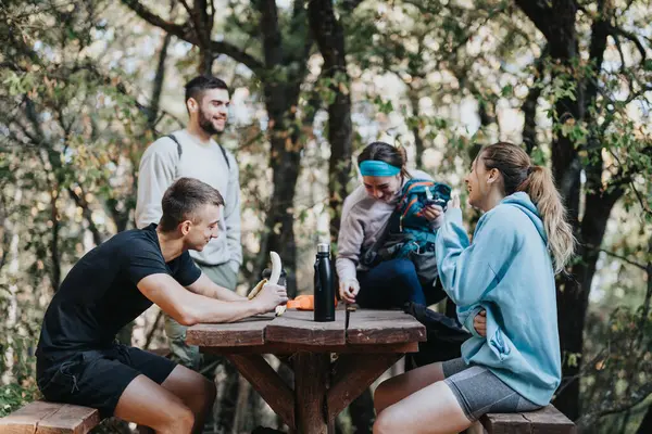 Group Friends Hike Autumn Forest Enjoying Nature Engaging Fun Conversations — Stock Photo, Image