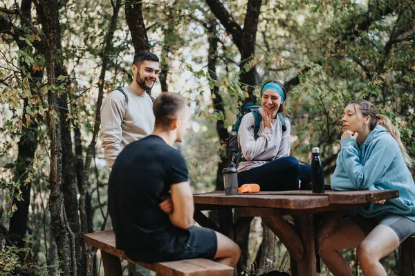 Group Friends Enjoying Outdoor Adventure Autumn Forest Discussing Different Topics — Stock Photo, Image