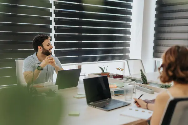 Male Business Employee Having Conversation His Coworker Smiling While Working — Stock Photo, Image