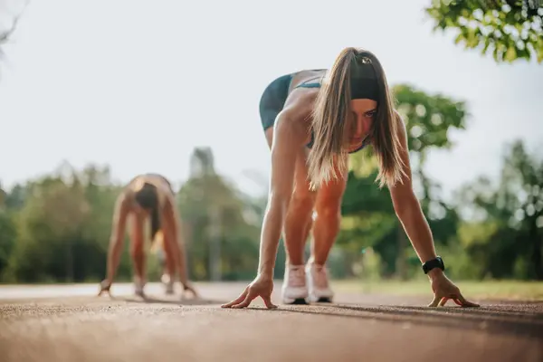 Fit Meisjes Met Atletische Lichamen Joggen Een Groen Park Hun — Stockfoto