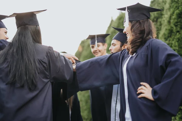 University Students Graduation Caps Gowns Gather Outdoors Celebrate Success Smiling — Stock Photo, Image