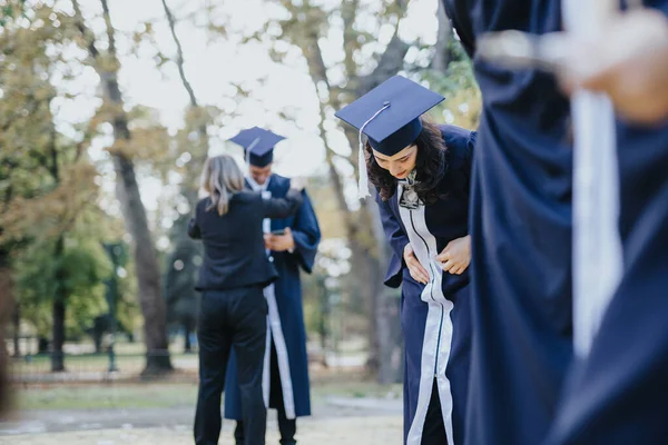 University Students Dressed Graduation Gowns Celebrate Achievement Sunny Park Happy — Stock Photo, Image