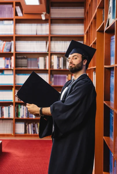 Young Male Graduate Wearing His Cap Gown Celebrating Getting His — Stock Photo, Image