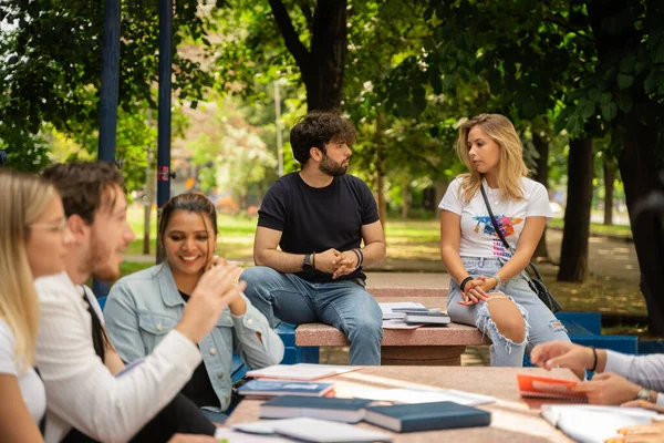 Grupo Diversificado Estudantes Universitários Colabora Pátio Campus Trocando Ideias Estudando — Fotografia de Stock