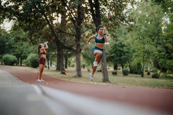 Fitte Mädchen Die Einem Grünen Park Laufen Und Mit Ihrem — Stockfoto