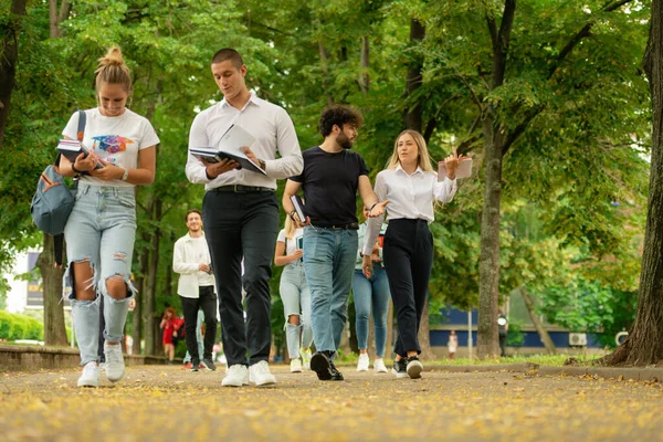 Grote Jonge Groep Universiteitscampus Studenten Wandelen Samen Buiten Met Boeken — Stockfoto