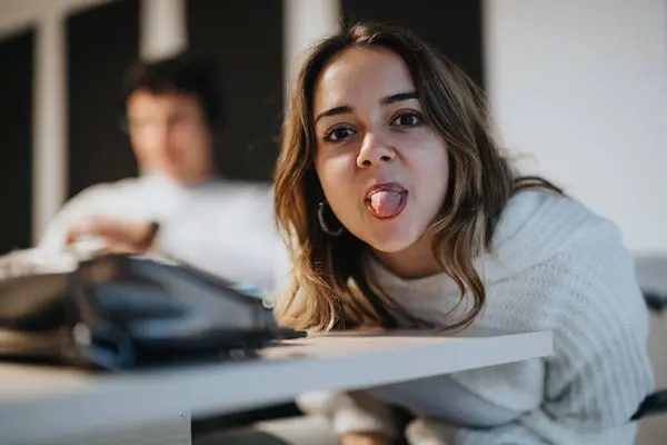 Beautiful Female Junior Employee Pulling Her Tongue Out Cameraman She — Stock Photo, Image