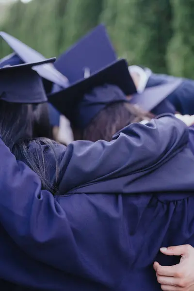 University Students Wearing Graduation Caps Gowns Celebrate Success Outdoors Park — Stock Photo, Image