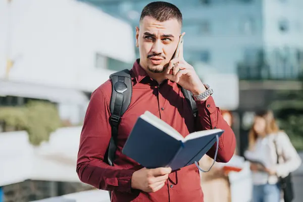 stock image Young adults collaborating outdoors in a vibrant urban city. Discussing business expansion, data analytics, and marketing strategies for successful small business growth.