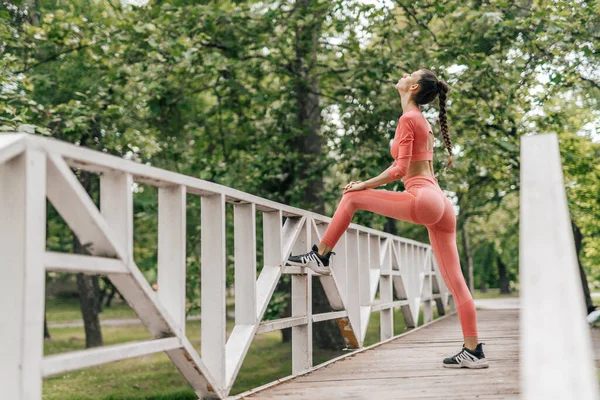 Female Engage Outdoor Sports Exercises Including Cardio Stretching Urban Park — Stock Photo, Image