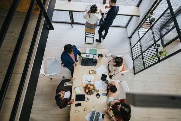 Top View Mixed Race Colleagues Work Together Creative Office Focused — Stock Photo, Image