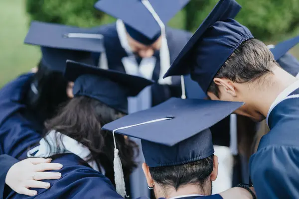 Large Group Students Wearing Gowns Caps Talking Each Other While — Stock Photo, Image
