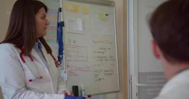 Молодой Пациент Сидит Слушает Своего Врача Обсуждая Специалистом Свои Проблемы — стоковое видео