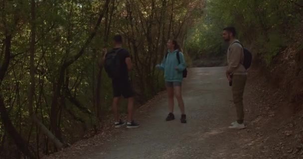 3人のスポーツ選手は 友人が森のトレイルに立ってチャットしながら到着するのを待っています 彼女は到着し 彼らは暖かく彼らの友人に挨拶する — ストック動画