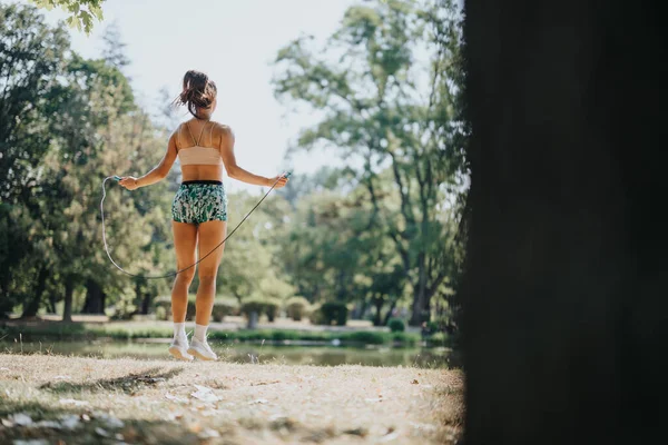 Girl Jumping Rope Enjoying Fresh Air Fitness Park — Stock Photo, Image