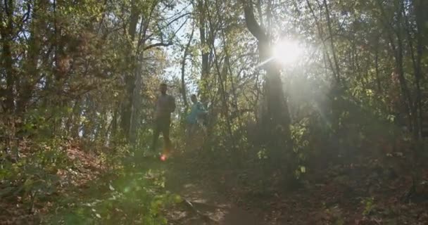 四个身穿运动服的人从山顶返回时 在一条穿过高山的土路上慢吞吞地慢跑着 他们在一个阳光灿烂的日子里徒步旅行 — 图库视频影像