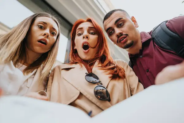 Low Angle View Photo Three Business Partners Reacting Surprising News — Stock Photo, Image
