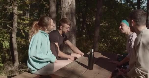 Dört Yürüyüşçü Çiftler Masada Oturup Dağ Parkında Yürüyüş Yapmaktan Dinleniyorlar — Stok video
