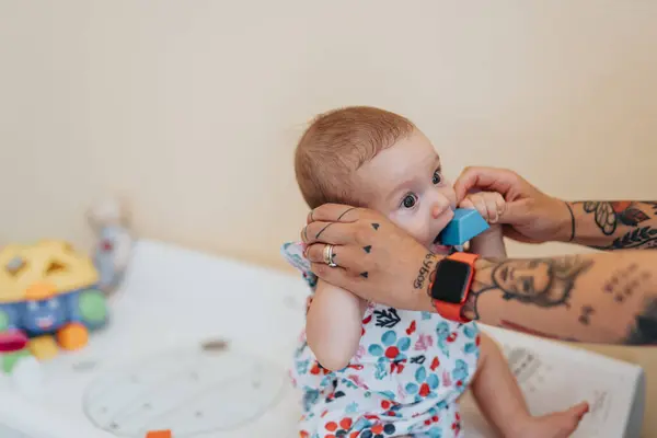Little Infant Baby Girl Playing Toys Hospital Check Young Mother — Stock Photo, Image