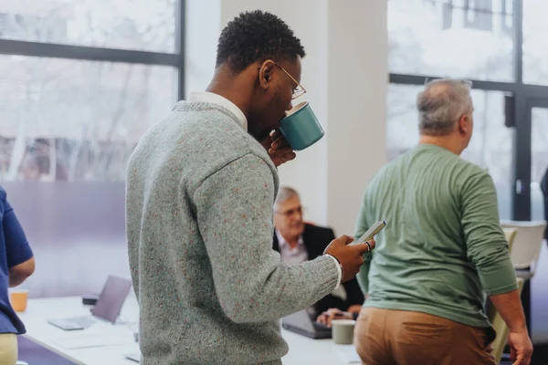Good Looking Black Male Enjoying His Coffee Work Break — Stock Photo, Image