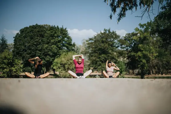 Mujeres Activas Disfrutando Deportes Aire Libre Actividades Fitness Parque Soleado — Foto de Stock