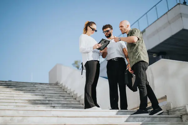 stock image Confident business partners discussing project details and reviewing paperwork outdoors. Successful teamwork and meticulous documentation in the urban city.