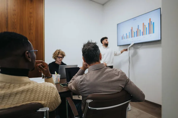 Diverse Business Team Collaborates Boardroom Meeting Analyzing Statistics Brainstorming Growth — Stock Photo, Image