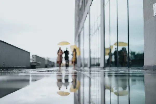 Silhouettes People Walking Umbrellas Rainy Day City — Stock Photo, Image