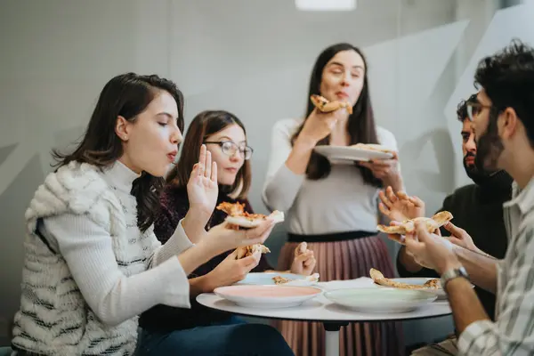 Multicultural Colleagues Enjoying Lunch Break Discussing Business Matters Pizza Successful — Stock Photo, Image