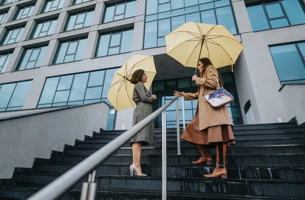 穿着时髦的女人拿着黄色的雨伞站在一座现代建筑外的楼梯上聊天 — 图库照片