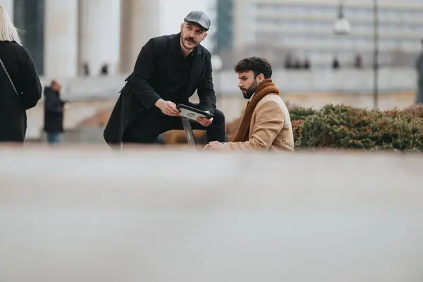 两个穿着冬季服装的时尚男人正在和一个数码平板电脑进行重点讨论 他们在户外 有都市背景 描绘专业的互动或会面 — 图库照片