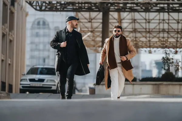 Two Stylish Businessmen Walking Outdoors City Sunny Day — Stock Photo, Image