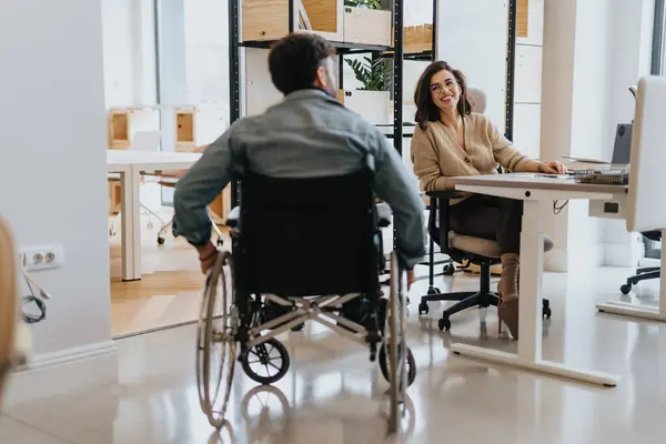 Handicapped Man Wheelchair Rolling His Wheelchair Joining His Lovely Female — Stock Photo, Image