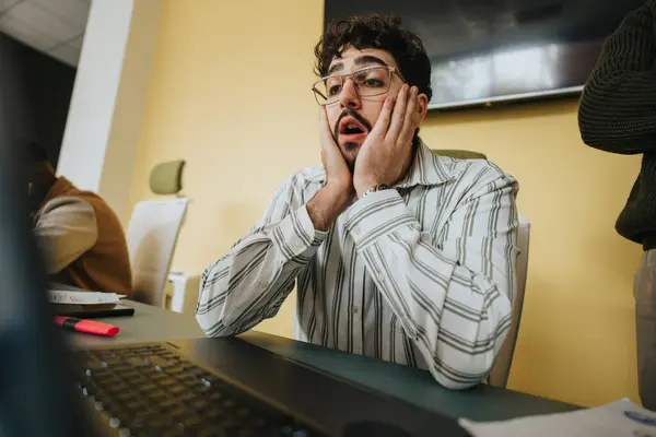 Good Looking Male Reacting Unexpected News Results Work — Stock Photo, Image