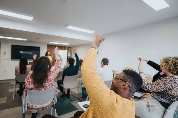 Diverse Group People Actively Participating Educational Workshop Raising Hands Ask — Stock Photo, Image