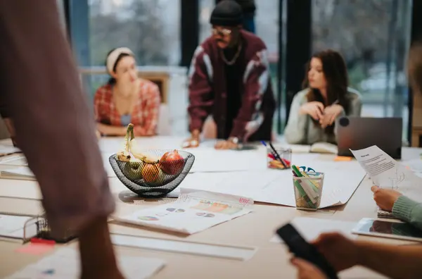 Multicultural Team Gathers Business Meeting Well Lit Office Space Strategizing — Stock Photo, Image