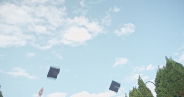一个庆祝的时刻正在展开 毕业生们把帽子抛向空中 象征着成就和新旅程的开始 — 图库视频影像