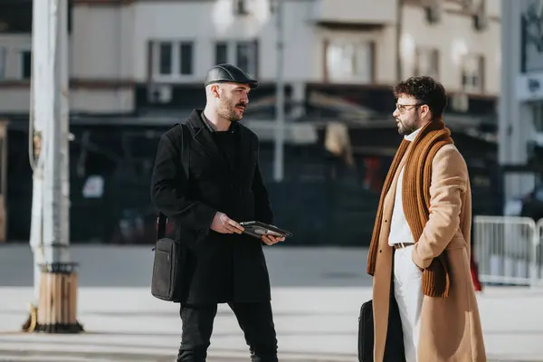Dois Homens Elegantes Roupas Inverno Que Envolvem Conversa Casual Livre — Fotografia de Stock