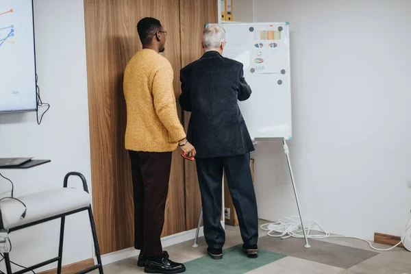 A diverse team of two professionals engaged in a business strategy session, analyzing charts on a whiteboard in a modern office setting.