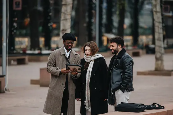 stock image Three young entrepreneurs engage in a business meeting outside, using a digital tablet amidst an urban backdrop. The image conveys collaboration, technology, and modern business dynamics.