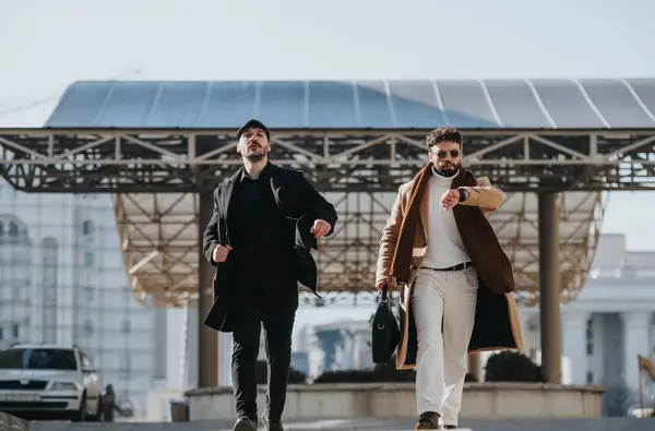 Shot captures two stylish men in motion, exuding confidence and dressed in modern business attire against an urban backdrop.
