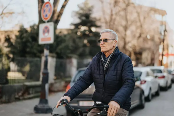 An elderly man enjoying a bike ride through city streets, depicting active lifestyle and urban mobility for seniors.