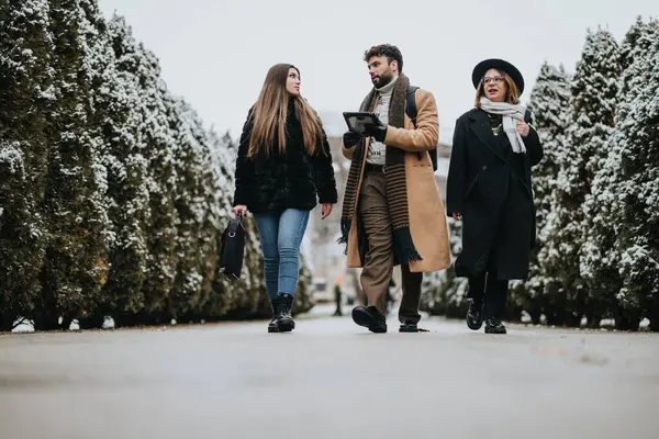Three Stylish Friends Walking Talking Snowy Winter Park — Stock Photo, Image