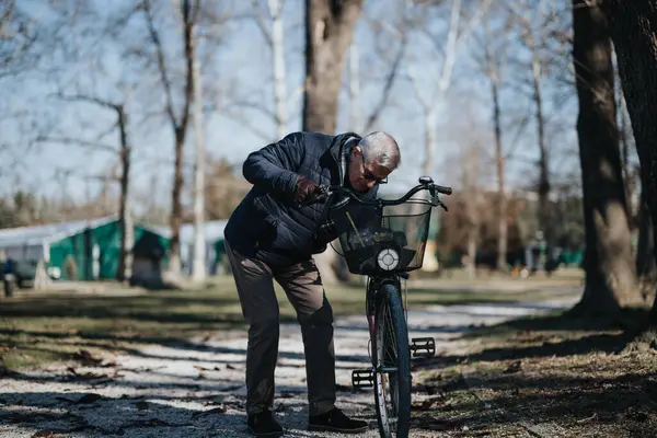 Senior Man Checking Bicycle Tire Pressure Serene Park Setting — Stock Photo, Image