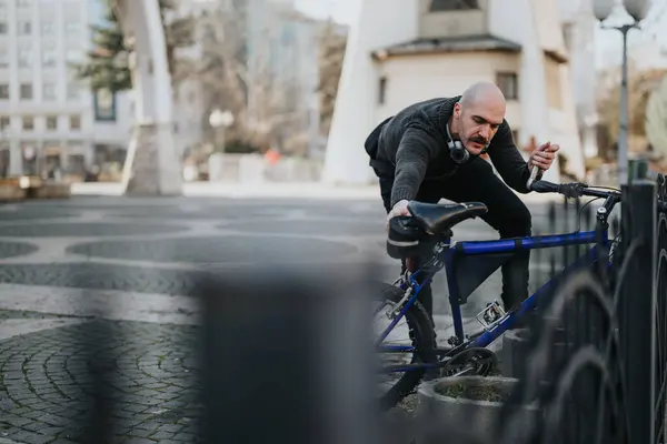 Kulaklıklı Sıradan Kıyafetleri Olan Dalgın Bir Adam Şehir Parkında Bisikletinin — Stok fotoğraf